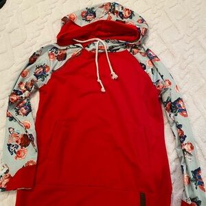 Floral Sleeve Red Double Hoodie